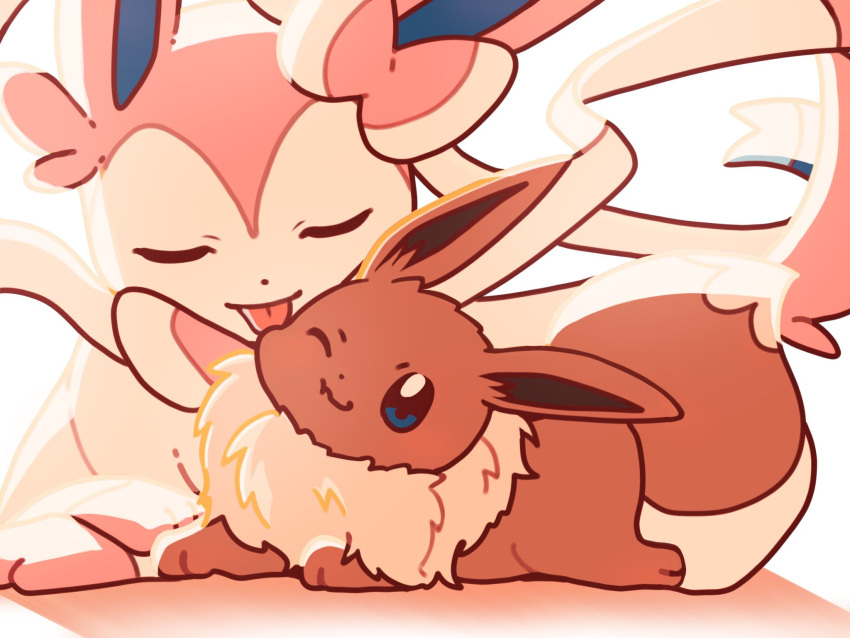 affectionate, closed_eyes, closed_mouth, commentary_request, eevee, highres, licking_another, lying