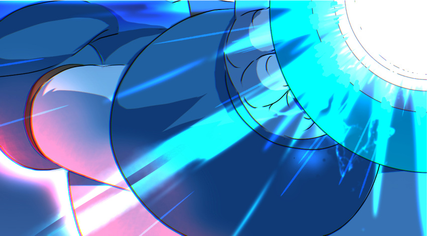 1boy, arm_cannon, armor, blue_armor, gradient_background, h2o_(gueguecamp), head_out_of_frame, male_focus