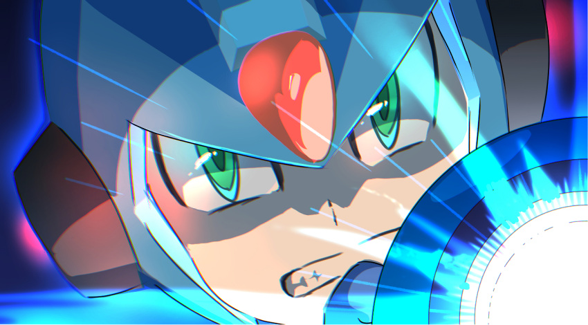 1boy, arm_cannon, blue_helmet, clenched_teeth, close-up, forehead_jewel, green_eyes, h2o_(gueguecamp)