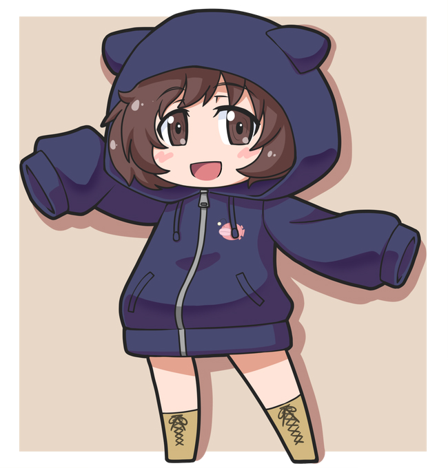 1girl, akiyama_yukari, anglerfish, animal_hood, black_t-shirt, blue_hoodie, blue_t-shirt, boots