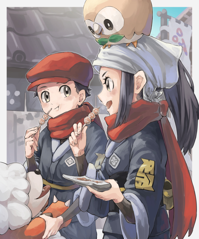 1boy, 1girl, absurdres, akari_(pokemon), animal_on_head, bird, bird_on_head, blue_eyes, clothes, colorized, commentary_request, day, dog, eating, grey_eyes, growlithe, happy, hat, highres, hokka_tm, japanese_clothes, kimono, looking_at_another, looking_at_food, on_head, open_mouth, outdoors, owl, pokemon, pokemon_(creature), pokemon_legends:_arceus, pokemon_on_head, ponytail, rei_(pokemon), rowlet, saliva, scarf, sky, town