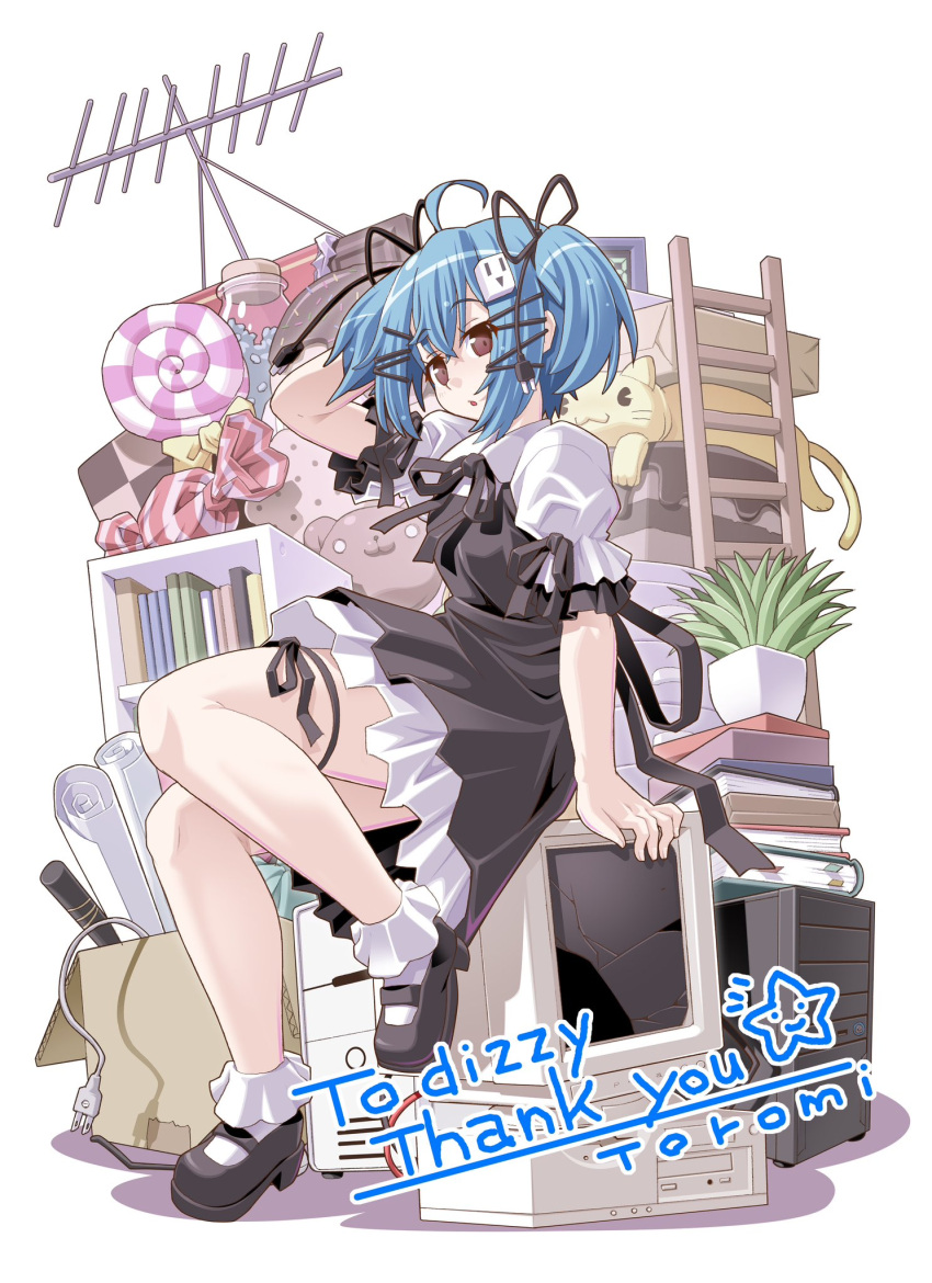 1girl, ahoge, ankle_socks, arm_behind_back, arm_support, arm_up, artist_name, black_dress