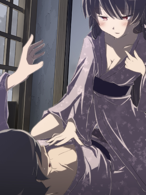 breasts, gokou_ruri, japanese_clothes, kousaka_kyousuke, long_hair, lying, no_bra, open_clothes