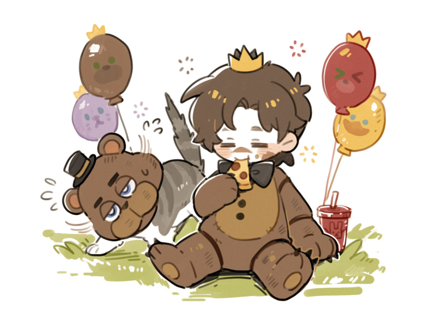 1boy, animal, animal_costume, animal_feet, animal_hands, balloon, bear_costume, black_bow