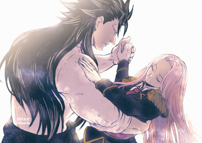 1boy, 1girl, aoharuto, artist_name, black_hair, closed_eyes, dancing, dated, epaulettes, hetero, highres, juiz_(undead_unluck), long_hair, long_sleeves, looking_at_another, necktie, pink_hair, red_necktie, undead_unluck, uniform, victor_(undead_unluck), white_background