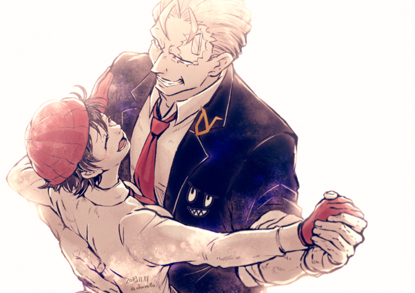 1boy, 1girl, 1other, andy_(undead_unluck), aoharuto, artist_name, black_hair, black_jacket