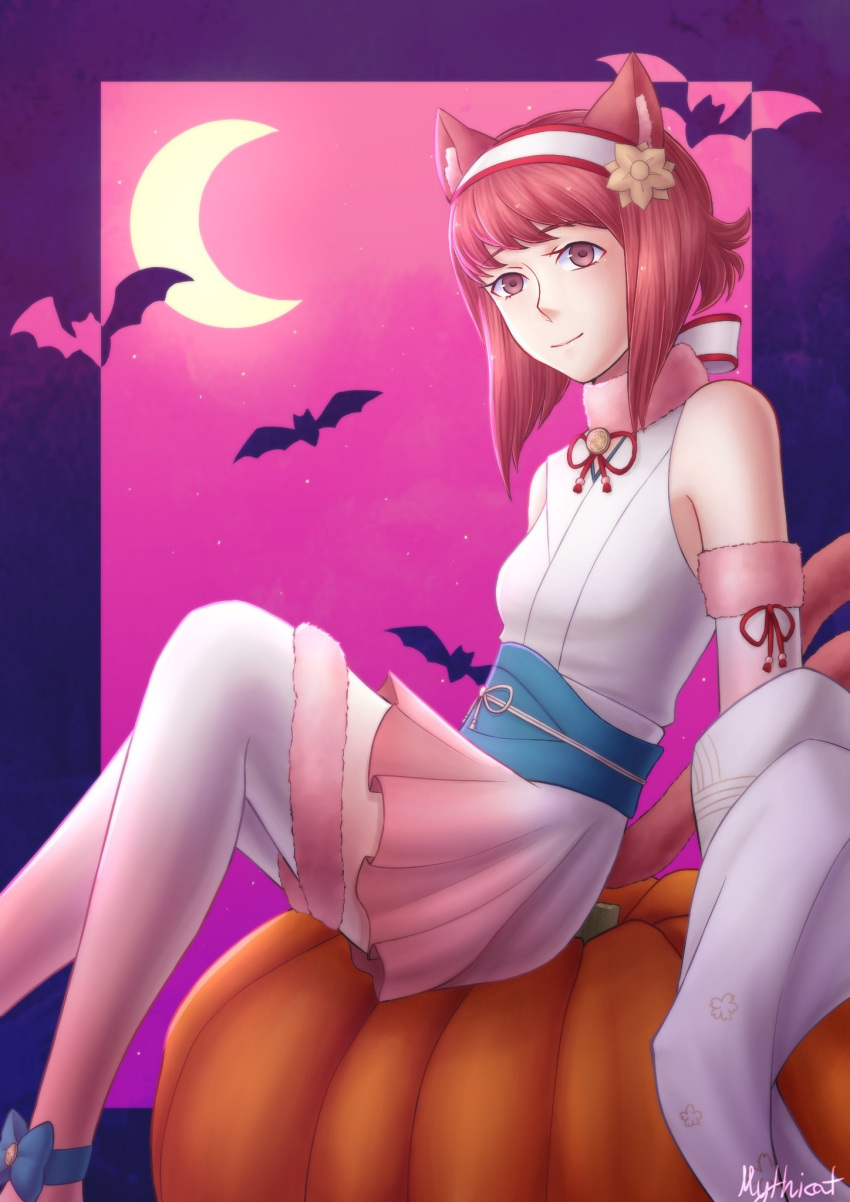 1girl, animal_ears, bat_(animal), bell, cat_ears, cat_paw, cat_tail, crescent_moon