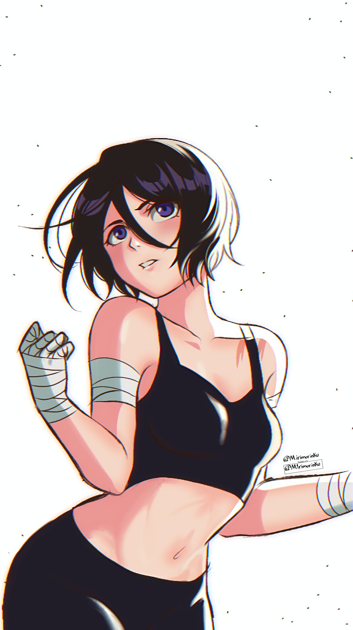 1girl, bandages, black_hair, bleach, blush, breasts, crop_top, hair_between_eyes, highres, kuchiki_rukia, m1rimorinku, navel, short_hair, simple_background, small_breasts, solo, sportswear, violet_eyes, white_background