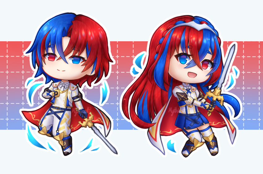 1boy, 1girl, alear_(female)_(fire_emblem), alear_(fire_emblem), alear_(male)_(fire_emblem), blue_eyes, blue_gloves, blue_hair