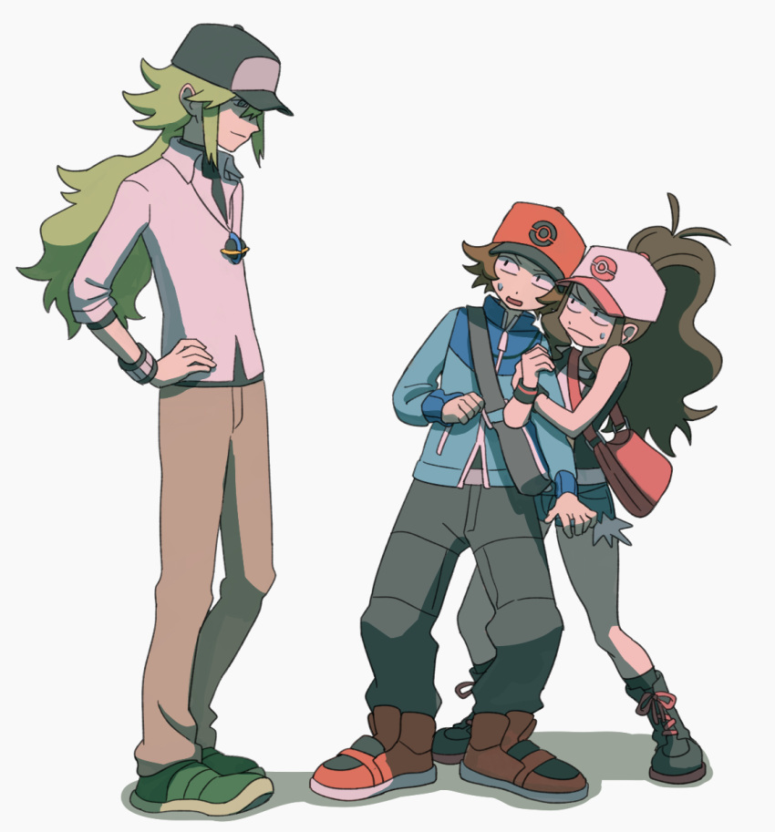 1girl, 2boys, baseball_cap, blue_jacket, boots, brown_hair, cross-laced_footwear, denim
