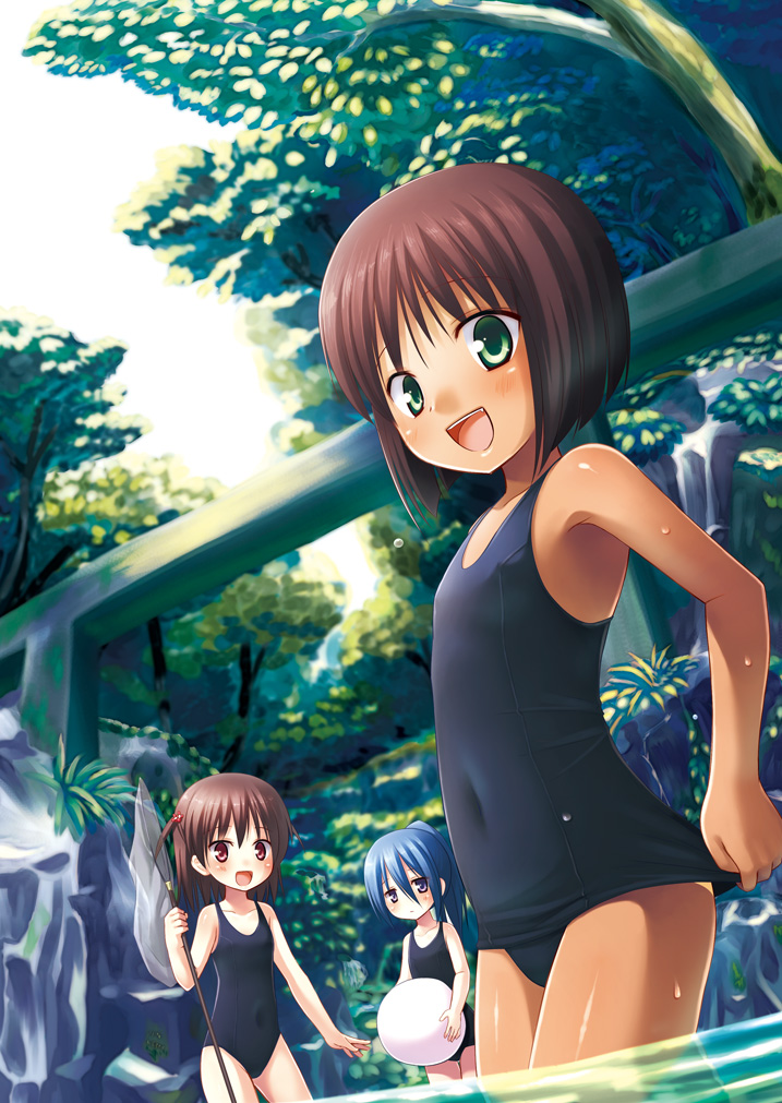 adjusting_swimsuit, ball, beachball, blue_hair, brown_eyes, brown_hair, butterfly_net, flat_chest