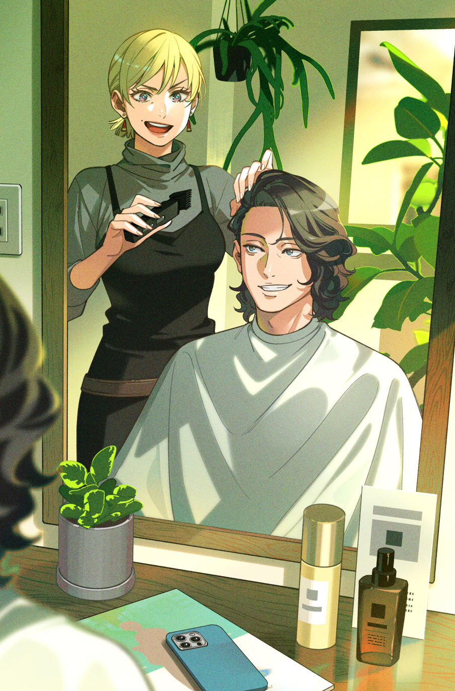 1boy, 1girl, :d, akakokko_(niro_azarashi), akane-banashi, arakawa_maikeru, bishounen, black_hair, black_shirt, cellphone, earrings, grey_shirt, grin, highres, jewelry, mirror, mole, mole_above_mouth, osaki_masaki, phone, plant, potted_plant, shirt, short_hair, sitting, smile, solo