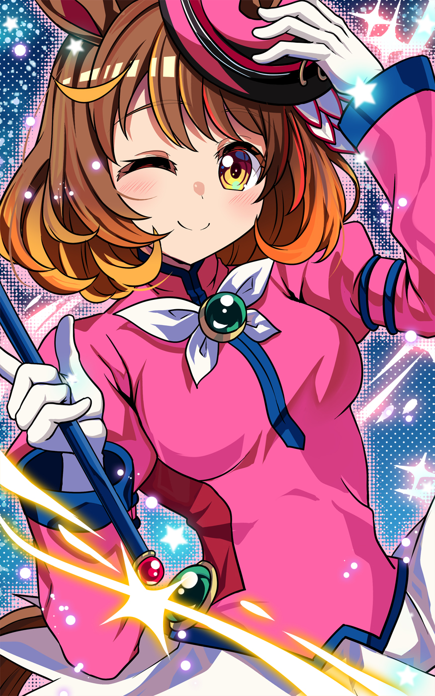 1girl, ;), animal_ears, blush, boater_hat, breasts, brooch, brown_eyes