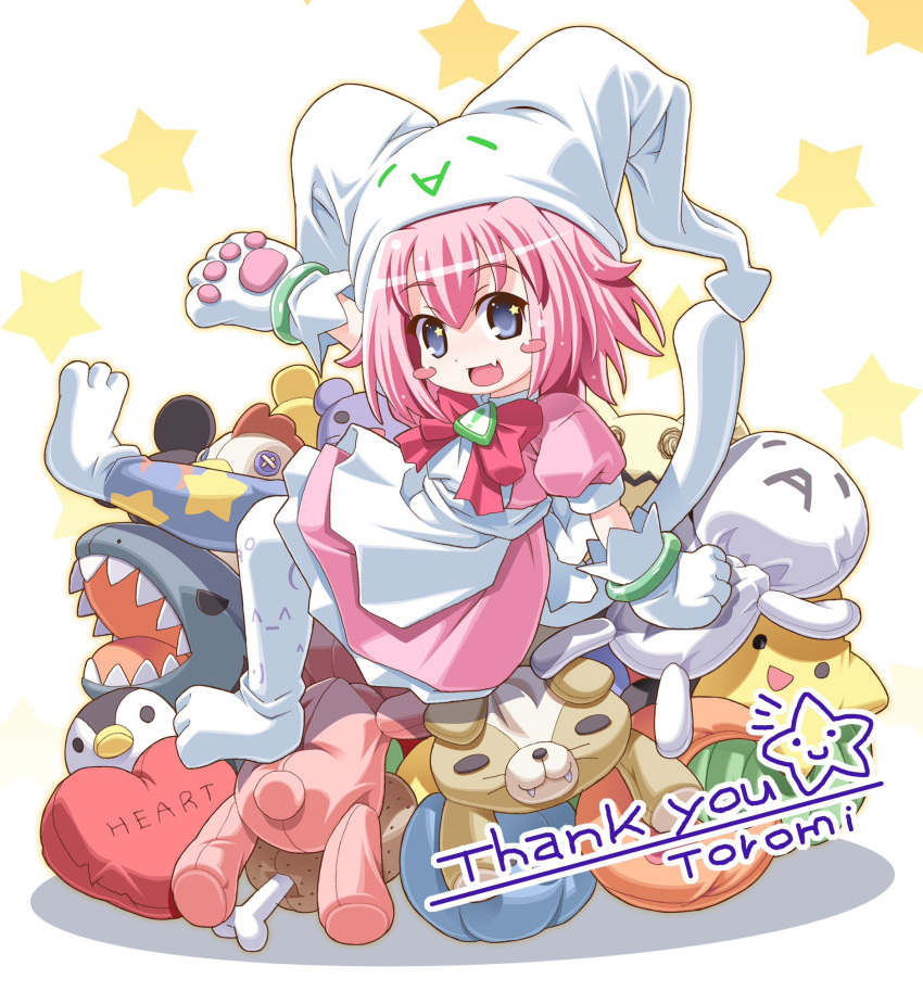 1girl, 2000s_(style), :d, animal_hands, apron, arm_support, artist_name, asymmetrical_legwear