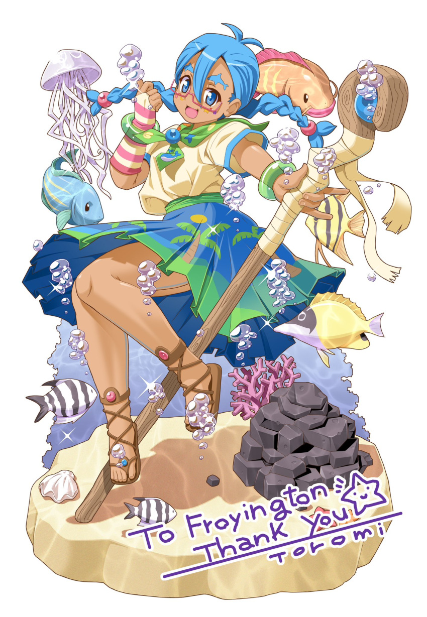 1girl, :d, air_bubble, antenna_hair, artist_name, blue_eyes, blue_hair, blue_skirt