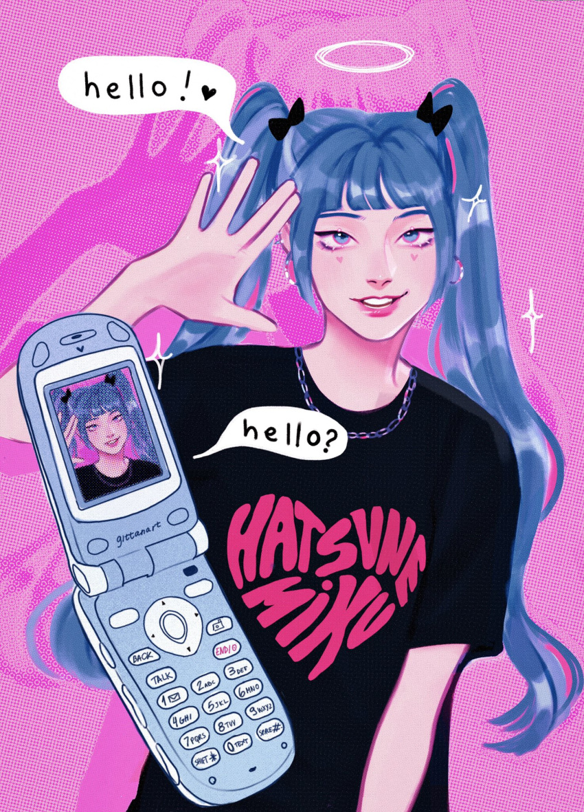 1girl, black_ribbon, black_shirt, blue_eyes, blue_hair, blunt_bangs, cellphone, commentary, e-girl, earrings, english_commentary, flip_phone, gittanart, hair_ribbon, halo, hatsune_miku, highres, jewelry, necklace, phone, pink_background, pink_lips, ribbon, shirt, smile, solo, sparkle, twintails, upper_body, vocaloid
