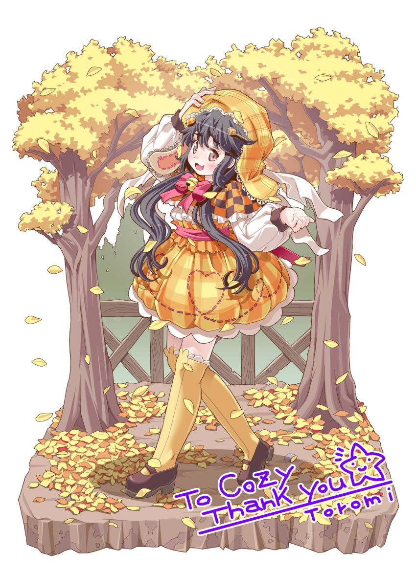 1girl, :3, arm_up, artist_name, autumn_leaves, bee_hair_ornament, bell, black_footwear
