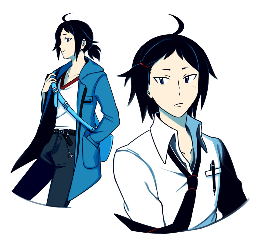 1boy, ahoge, alternate_costume, belt, black_hair, blue_jacket, blue_necktie, cheren_(pokemon)