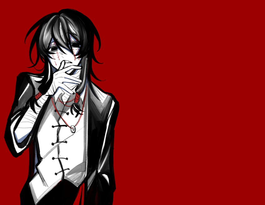 1boy, bandaged_arm, bandaged_neck, bandages, chinese_commentary, clenched_teeth, coin, coin_on_string
