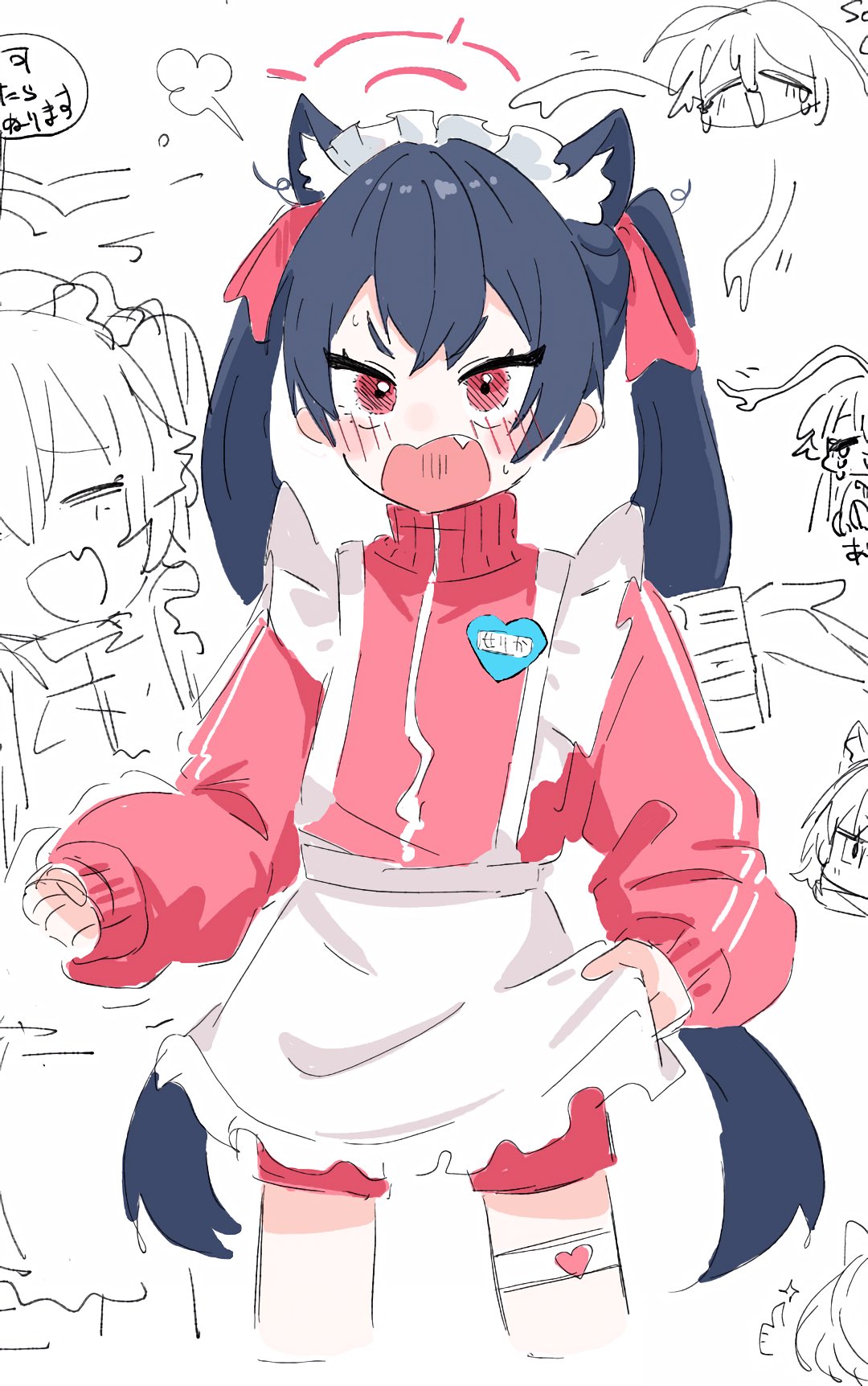 1girl, animal_ear_fluff, animal_ears, apron, blue_archive, blush, cat_ears, fang