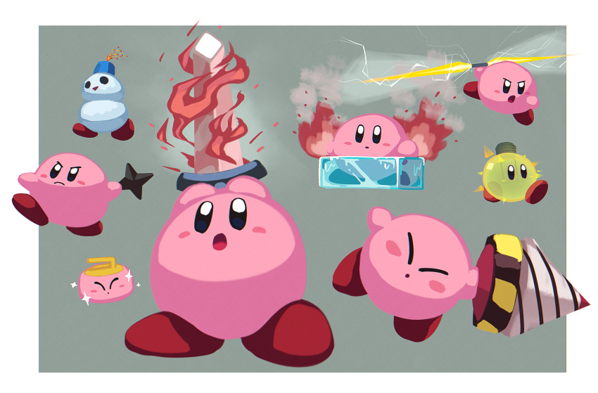 :o, air_hockey_puck, arms_up, black_eyes, blush_stickers, border, closed_mouth, colored_skin