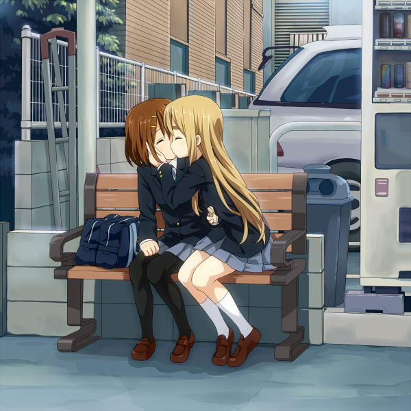 2girls, bench, blonde_hair, brown_hair, car, closed_eyes, eyes_closed, female, footwear, garbage_can, hand_holding, hand_on_face, hirasawa_yui, k-on!, kiss, kissing, kotobuki_tsumugi, long_hair, love, mountain_pukuichi, multiple_girls, pantyhose, ponpondao_(artist), school_uniform, shoes, short_hair, sitting, skirt, socks, vending_machine, yuri