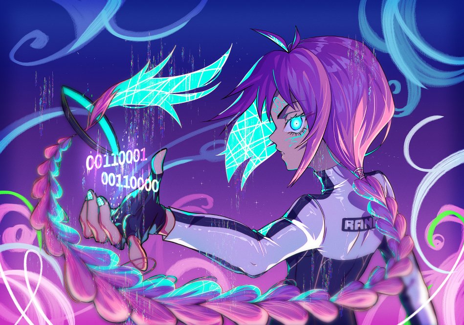 1girl, antenna_hair, aqua_nails, binary, black_gloves, blue_eyes, braid, character_name, commentary, english_commentary, fingerless_gloves, gloves, glowing, glowing_eyes, gradient_background, long_hair, pink_hair, pizza3075, rana_(vocaloid), ranagain, solo, twin_braids, very_long_hair, vocaloid