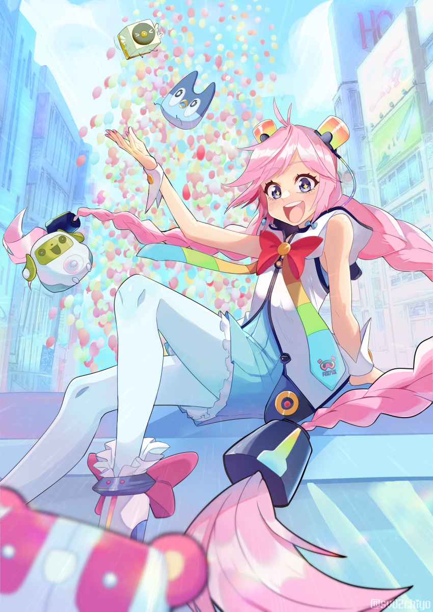 +_+, 1girl, :d, absurdres, animal_hood, arm_cuffs, balloon, blue_dress