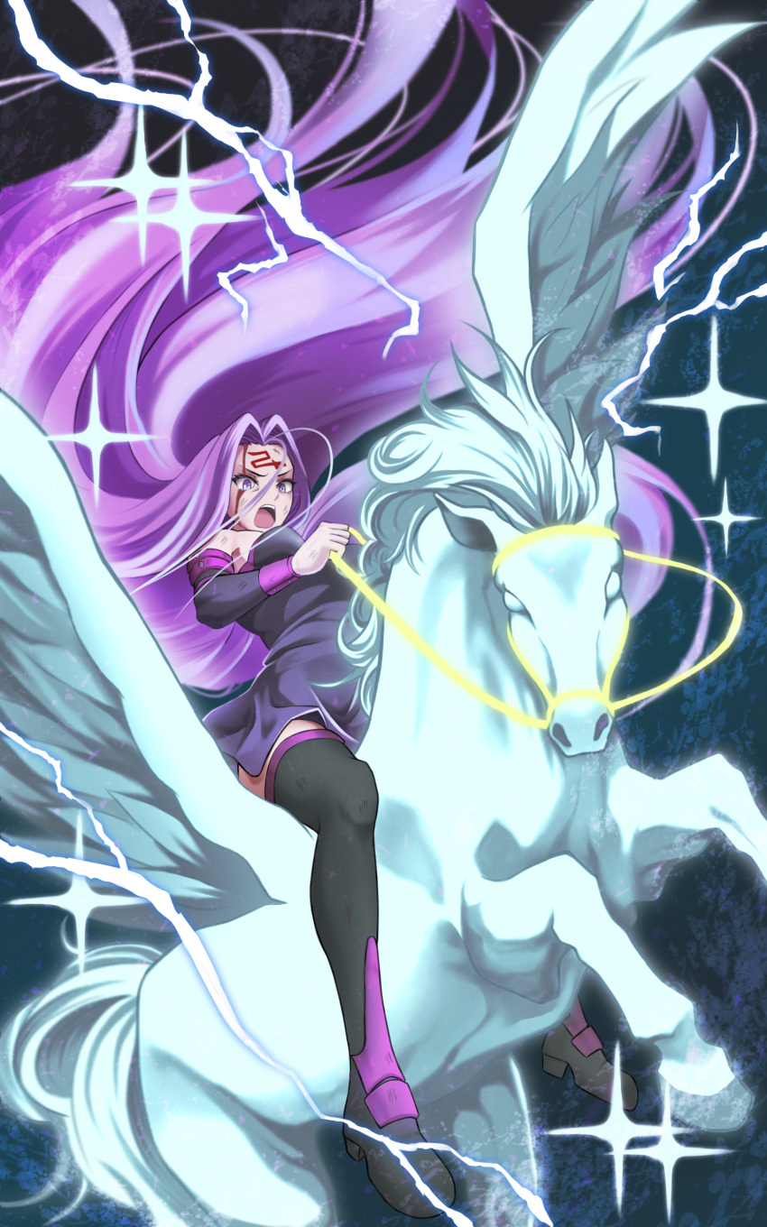 1girl, absurdres, blood, blood_on_face, facial_mark, fate/stay_night, fate_(series), forehead, forehead_mark, highres, kuremon, long_hair, medusa_(fate), medusa_(rider)_(fate), pegasus, purple_hair, very_long_hair, violet_eyes