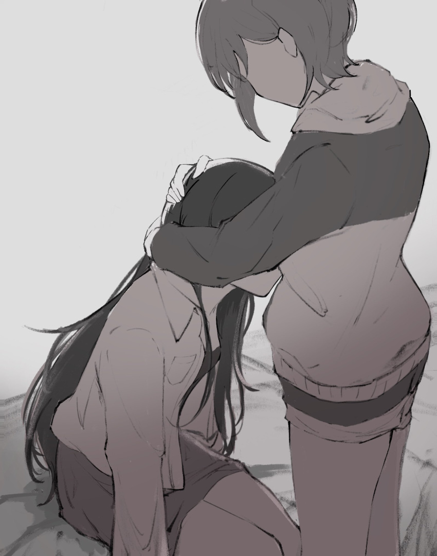 2girls, bang_dream!, bang_dream!_it's_mygo!!!!!, collared_shirt, commentary, greyscale, head_hug, highres
