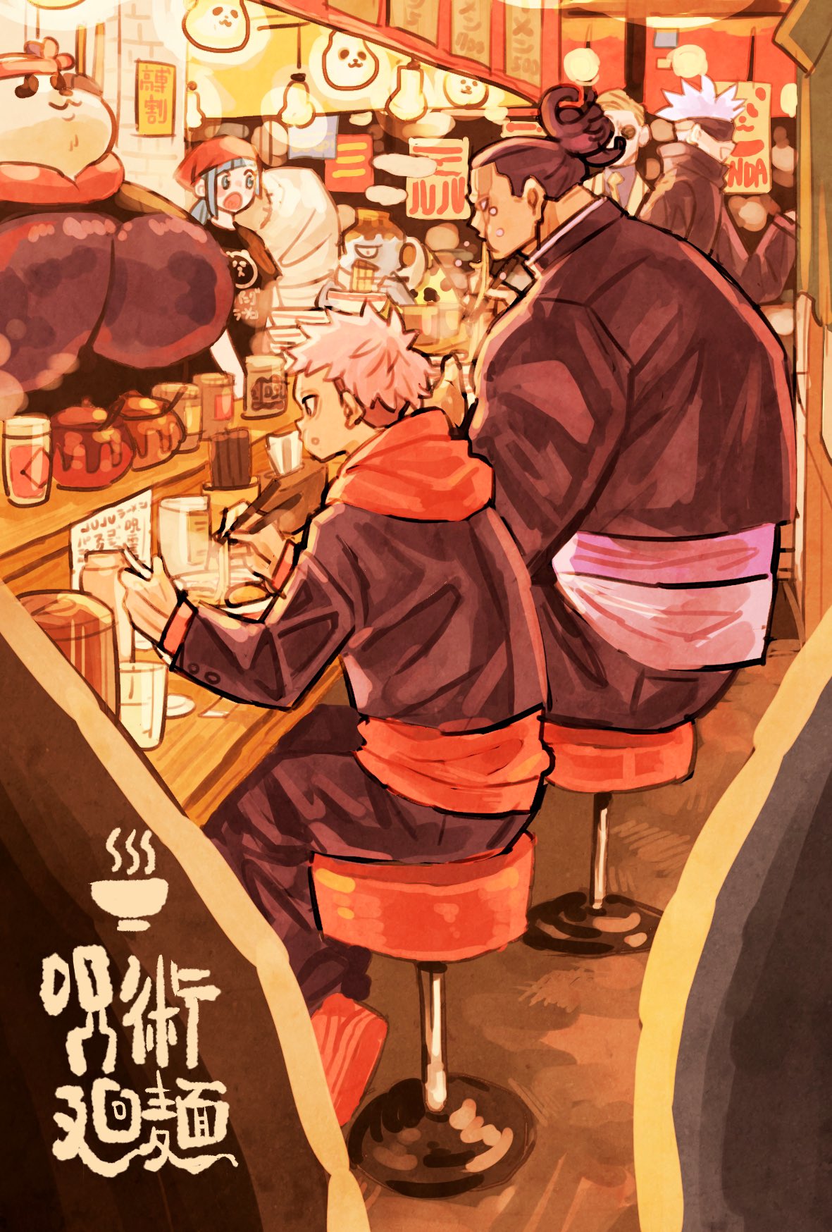 1girl, 2others, 4boys, black_hair, blindfold, blue_hair, booth_seating, chopsticks