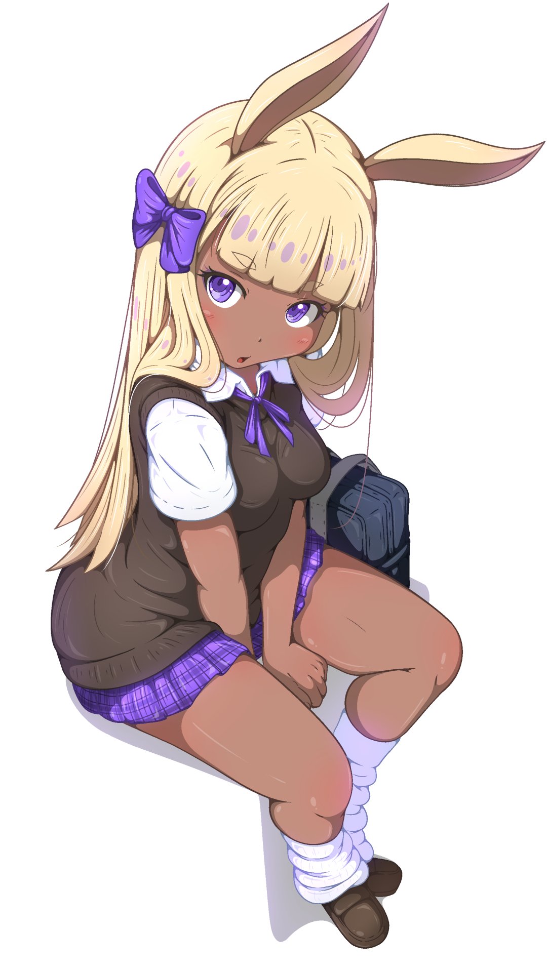 1girl, alternate_costume, animal_ears, bag, black_bag, blonde_hair, blunt_bangs, blush