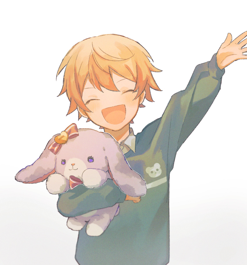 1boy, :d, ^_^, aged_down, arms_up, blush, bow, bowtie, child, closed_eyes, collared_shirt, commentary_request, green_sweater, hair_between_eyes, happy, holding, holding_stuffed_toy, long_sleeves, male_focus, open_mouth, orange_hair, project_sekai, red_bow, red_bowtie, shirt, short_hair, simple_background, smile, solo, sseri_0, stuffed_animal, stuffed_rabbit, stuffed_toy, sweater, tenma_tsukasa, white_background, white_shirt, wing_collar