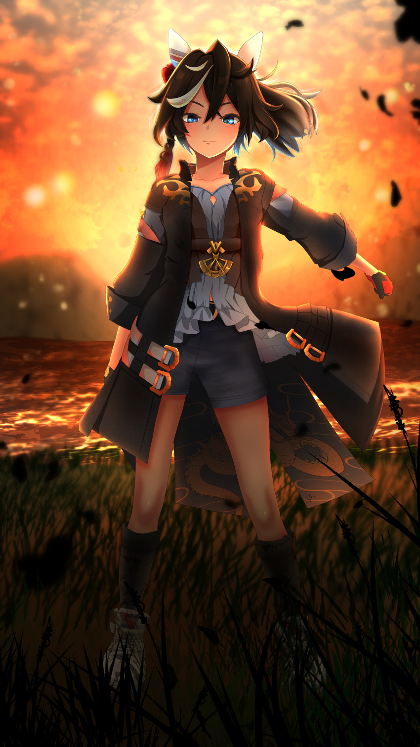 1girl, absurdres, animal_ears, black_hair, black_jacket, black_socks, blue_eyes, blue_shirt