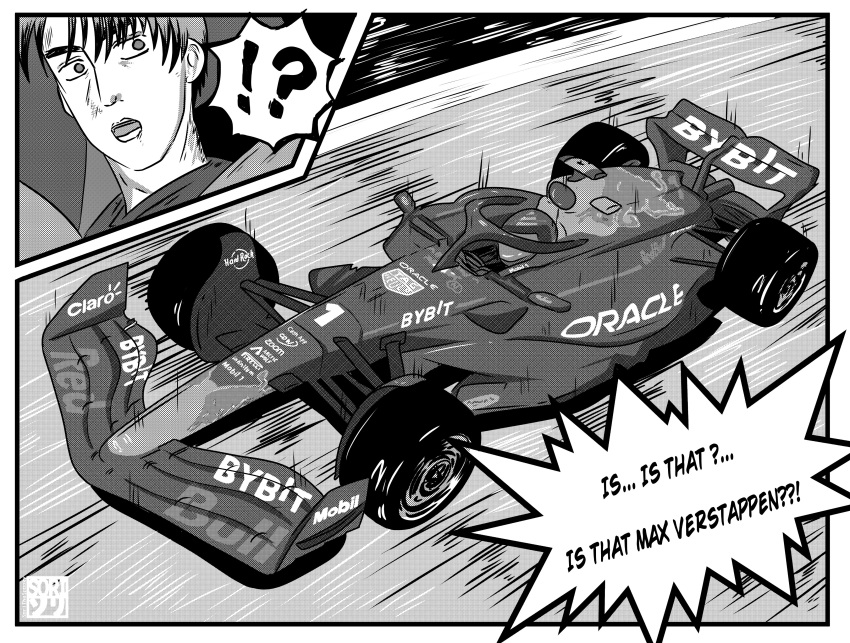 !?, 2boys, absurdres, car, crossover, driving, english_commentary, english_text