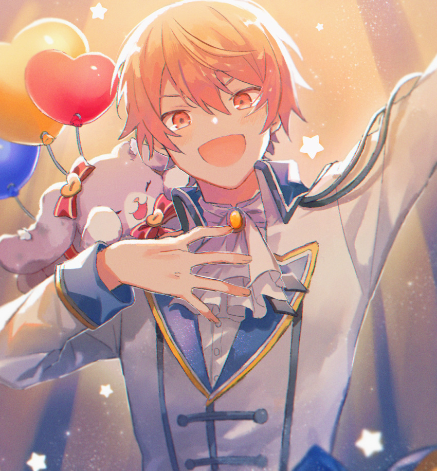 1boy, :d, arm_up, ascot, balloon, brooch, buttons, commentary_request