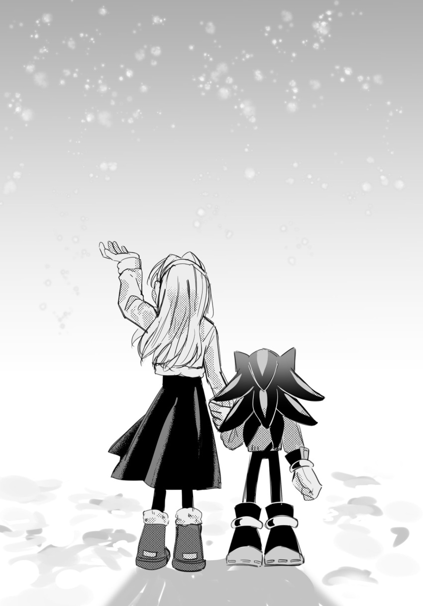 1boy, 1girl, alternate_costume, animal_ears, arm_up, facing_away, from_behind, full_body