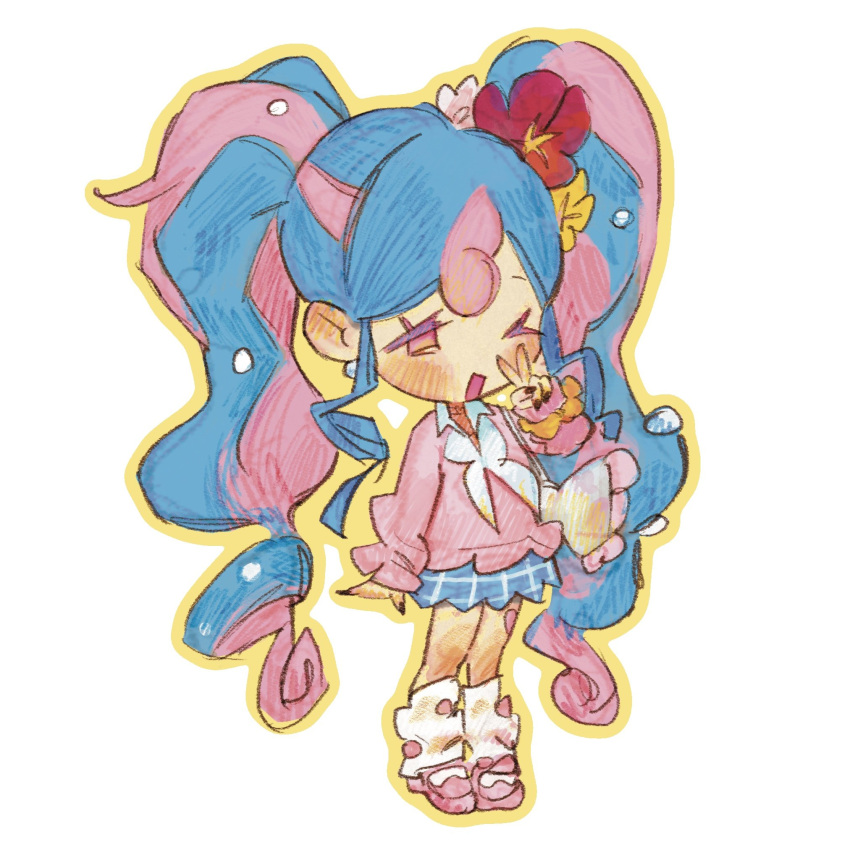1girl, blue_hair, blue_skirt, chibi, chibi_only, choker, collared_sweater, commentary