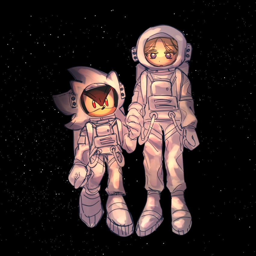 1boy, 1girl, animal_ears, animal_nose, astronaut, blonde_hair, blue_eyes, commentary_request, floating, full_body, furry, furry_male, gloves, helmet, highres, holding_hands, korean_commentary, looking_at_viewer, maria_robotnik, red_eyes, shadow_the_hedgehog, smileandmiso, sonic_(series), space, space_helmet, spacesuit, star_(sky), white_gloves