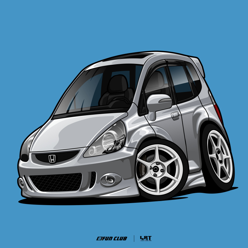 absurdres, blue_background, car, choro-q, grey_car, highres, honda, honda_fit