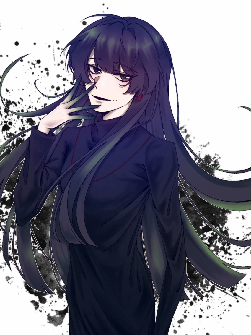 1girl, black_dress, black_eyes, black_hair, blunt_ends, center-flap_bangs, chinese_commentary, colored_extremities