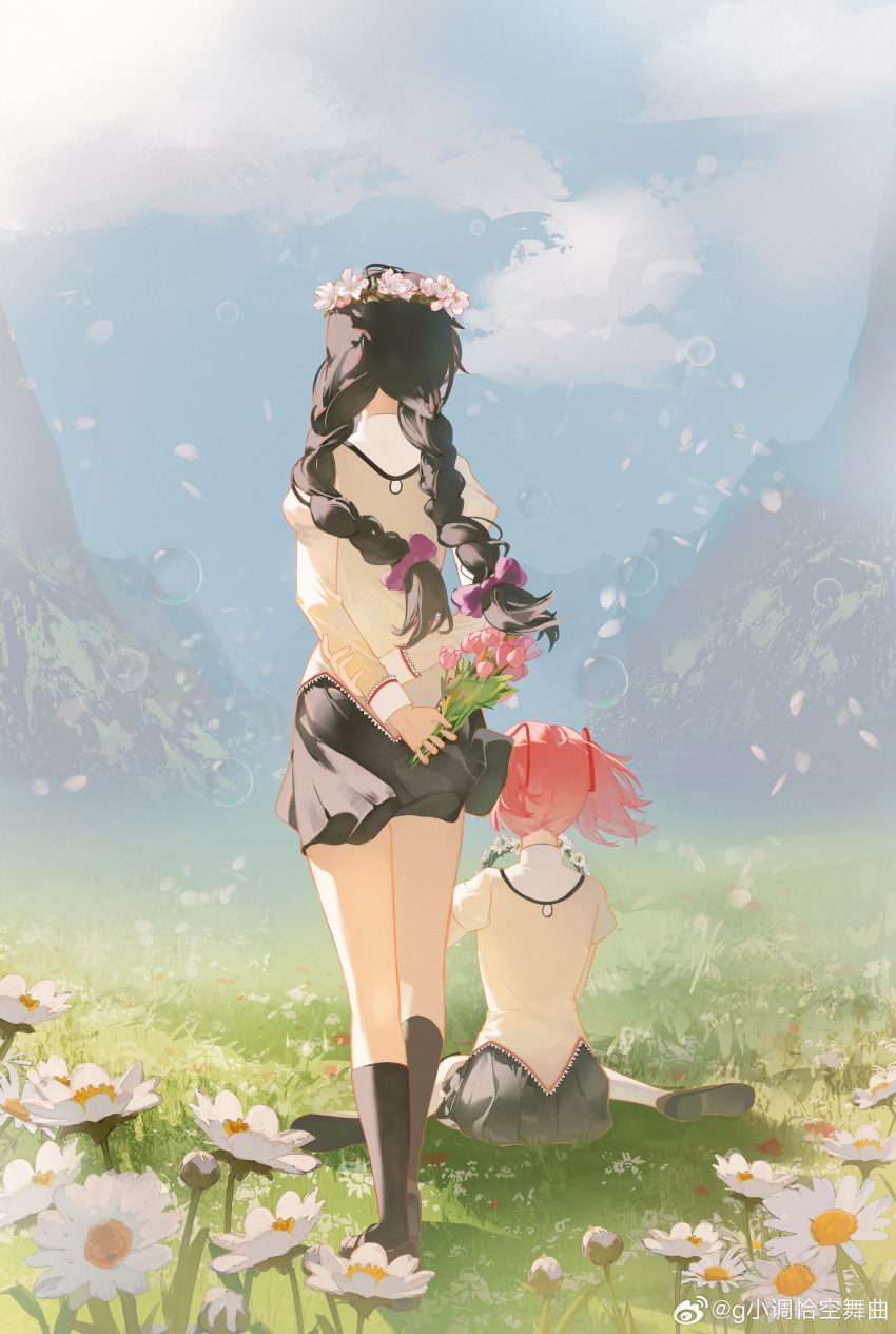 2girls, absurdres, akemi_homura, black_hair, black_skirt, black_socks, bouquet, bow