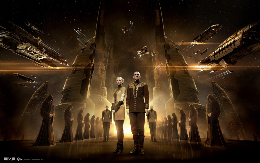 1girl, 3d, 6+boys, abaddon_(eve_online), archon_(eve_online), attack_ship_(eve_online), autodesk_3ds_max_(medium), bald