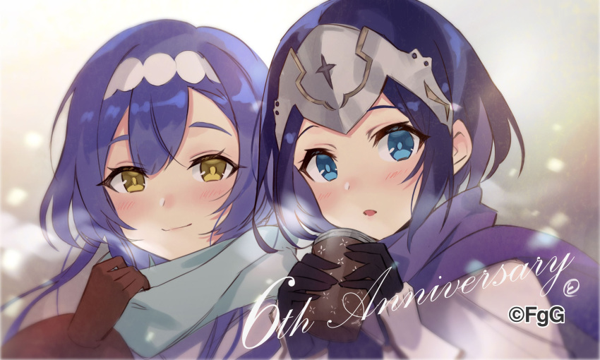 2girls, :o, aqua_eyes, aqua_scarf, black_gloves, blue_hair, blue_scarf, blush, brown_gloves, closed_mouth, dare_ga_tame_no_alchemist, forehead_protector, gloves, highres, kalmia_(dare_ga_tame_no_alchemist), looking_at_viewer, multiple_girls, official_art, open_mouth, priscilla_(dare_ga_tame_no_alchemist), scarf, signature, simple_background, smile, to_maru, winter, yellow_eyes