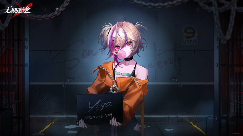 1girl, absurdres, against_wall, black_camisole, black_choker, blonde_hair, blowing_bubbles, camisole