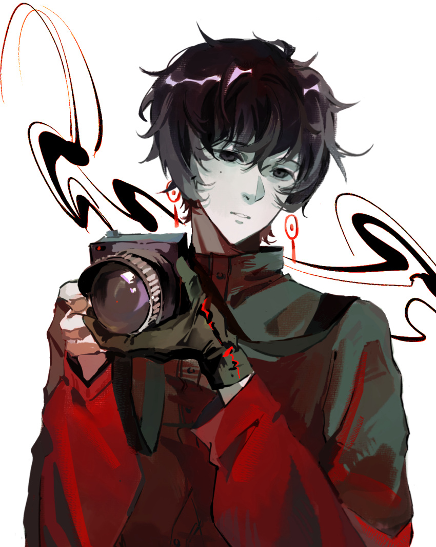 1boy, black_eyes, black_gloves, black_hair, camera, camera_around_neck, chinese_commentary, commentary_request, earrings, empty_eyes, gloves, hair_between_eyes, highres, holding, holding_camera, jacket, jewelry, li_yuting_(male), lim.beilier, long_sleeves, male_focus, mole, mole_under_each_eye, mole_under_eye, multiple_moles, red_jacket, short_hair, single_glove, solo, touqi_guaitan, upper_body, white_background