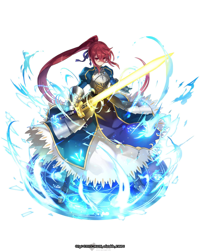 1girl, absurdres, armor, artoria_pendragon_(fate), blue_dress, blue_ribbon, cosplay, crossed_bangs