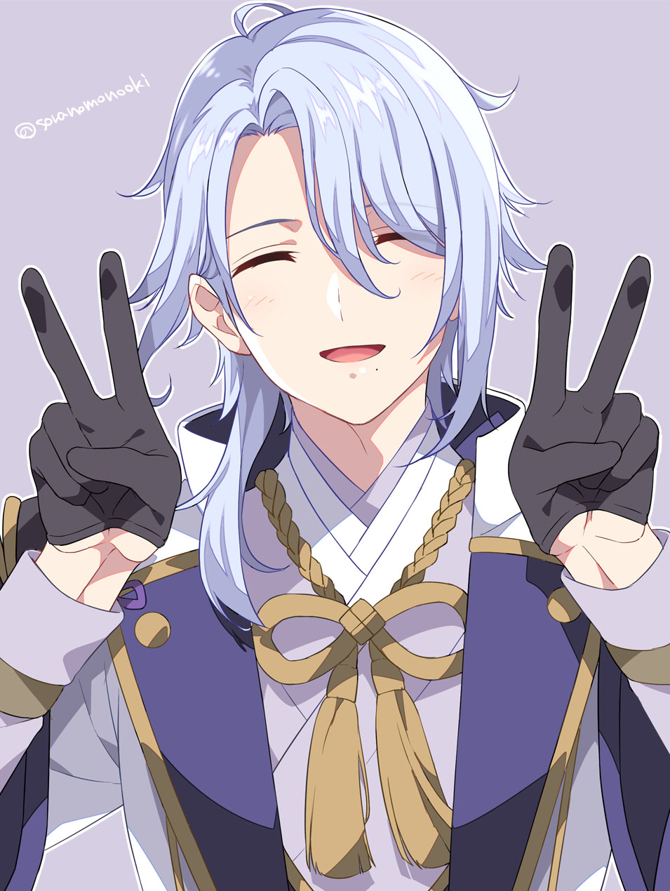 1boy, agemaki_knot, asymmetrical_hair, black_gloves, blue_hair, closed_eyes, double_v, facing_viewer