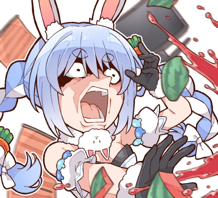 animal_ear_fluff, animal_ears, black_gloves, blue_hair, braid, carrot_hair_ornament, commentary, constricted_pupils, don-chan_(usada_pekora), english_commentary, exploding_watermelon_challenge, food, food-themed_hair_ornament, fruit, fur-trimmed_gloves, fur_scarf, fur_trim, gloves, hair_ornament, hand_up, highres, hololive, kaiba's_defeat_(meme), kukie-nyan, long_hair, meme, motion_blur, open_mouth, outstretched_arm, rabbit_ears, rabbit_girl, scarf, short_eyebrows, teeth, television, thick_eyebrows, twin_braids, upper_body, usada_pekora, usada_pekora_(1st_costume), virtual_youtuber, watermelon, white_scarf, yu-gi-oh!