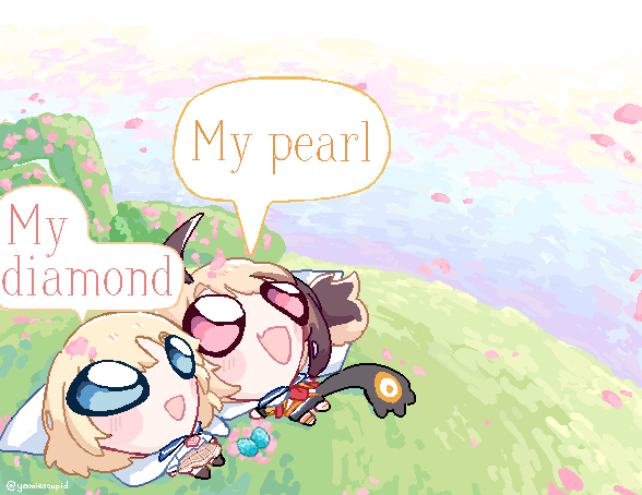 2girls, :d, ahoge, black_shorts, blonde_hair, blue_eyes, blush_stickers, brown_hair